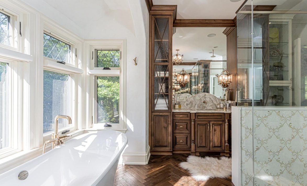Vanity and tower with X-mullion glass doors